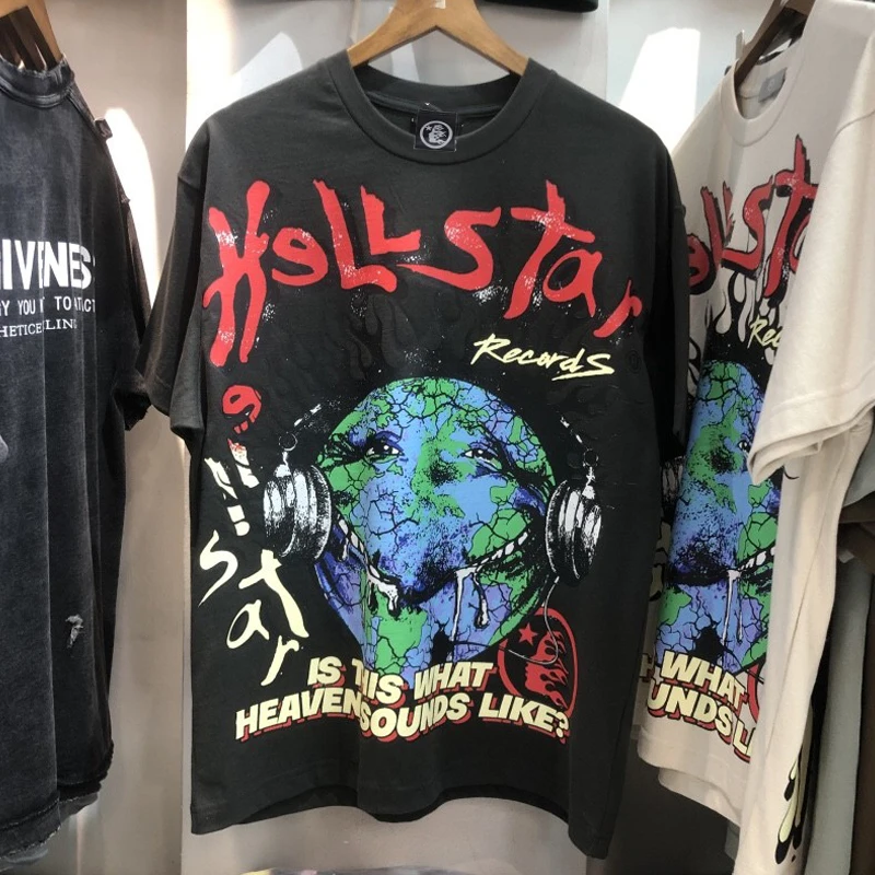 

Vintage Hellstar Studios Tshirts Washed Ghost Face Earphone Earth Print Short Sleeve Hiphop Street Oversize T-Shirt Men Women