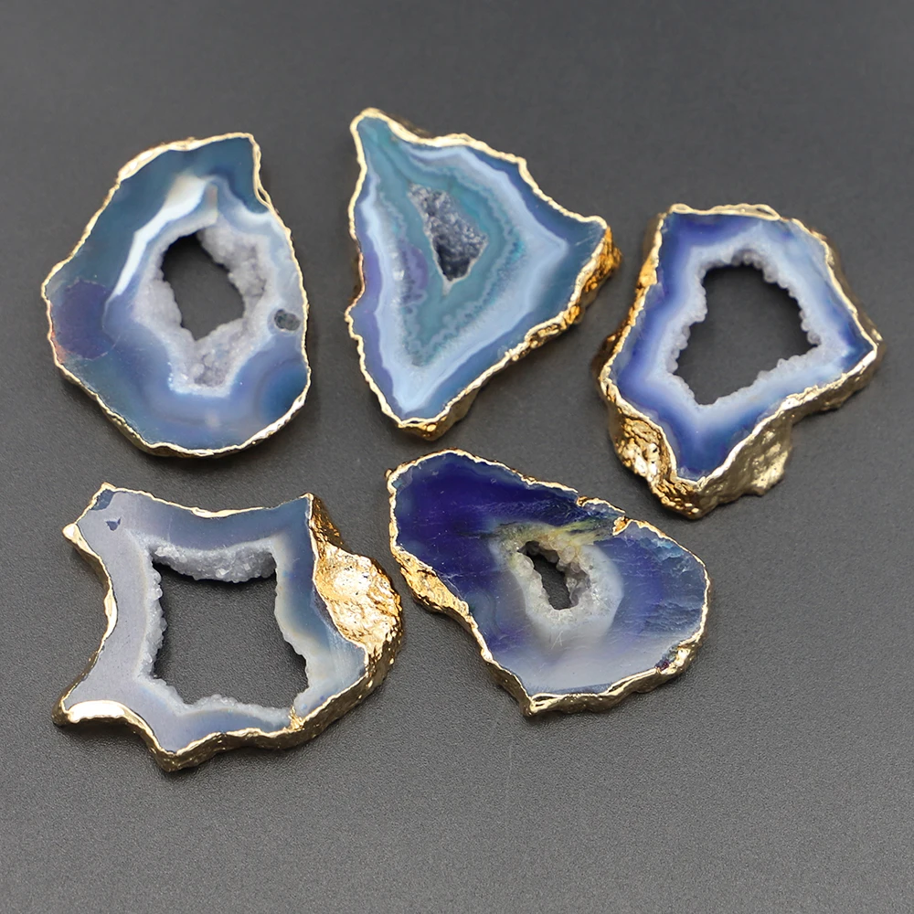 Natural Stone Agates Irregular Geode Polished Gold Crystal Slice Pendants Decoration Brazil Healing Reiki Mineral Home Decor 1PC