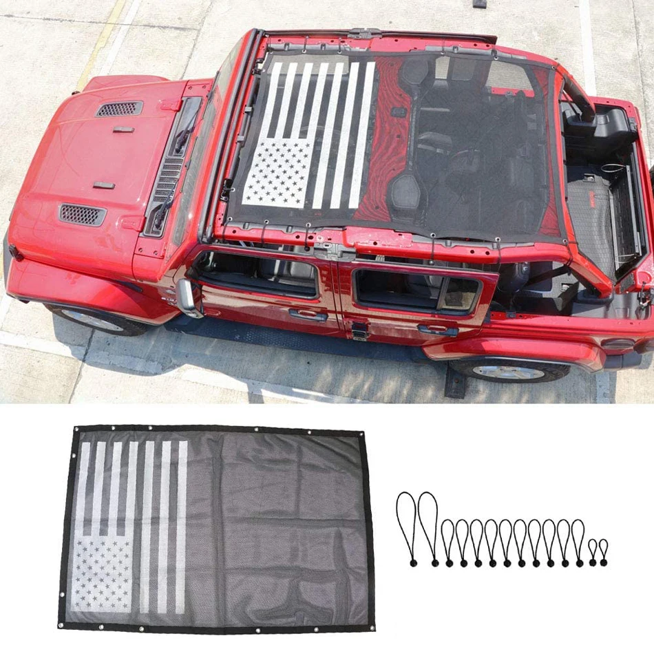 

Mesh Shade Top Full Length Sunshade Screen for 2018-2022 Jeep Wrangler JL JLU USA Flag Sun Shade Cover Provides UV Protection