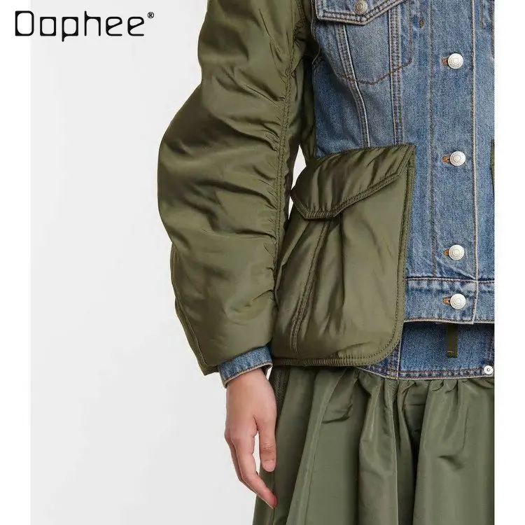 Autumn and Winter New Design Sense Jacket Fro Ladies Loose Color Matching Denim Cotton Jacket Cool Design Trend Coat for Women