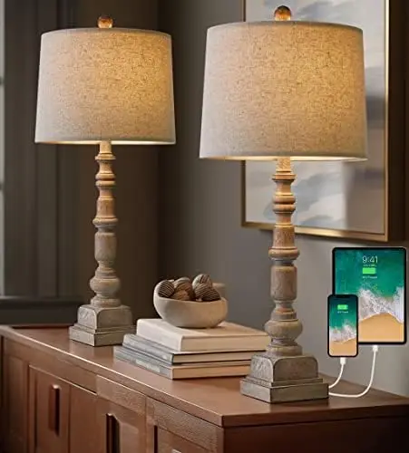 

Vintage Farmhouse USB Table Lamps Set of 2 for Living Room Bedroom Traditional Bedside Nightstand Lamp with Dual USB Port Resin