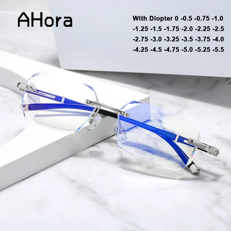 

Ahora Men Rimless Business Finished Myopia Glasses Frame WIth Diopter Anti Blue Light Lens Spectacles Frames 0 -0.5 1.75 to -5.5