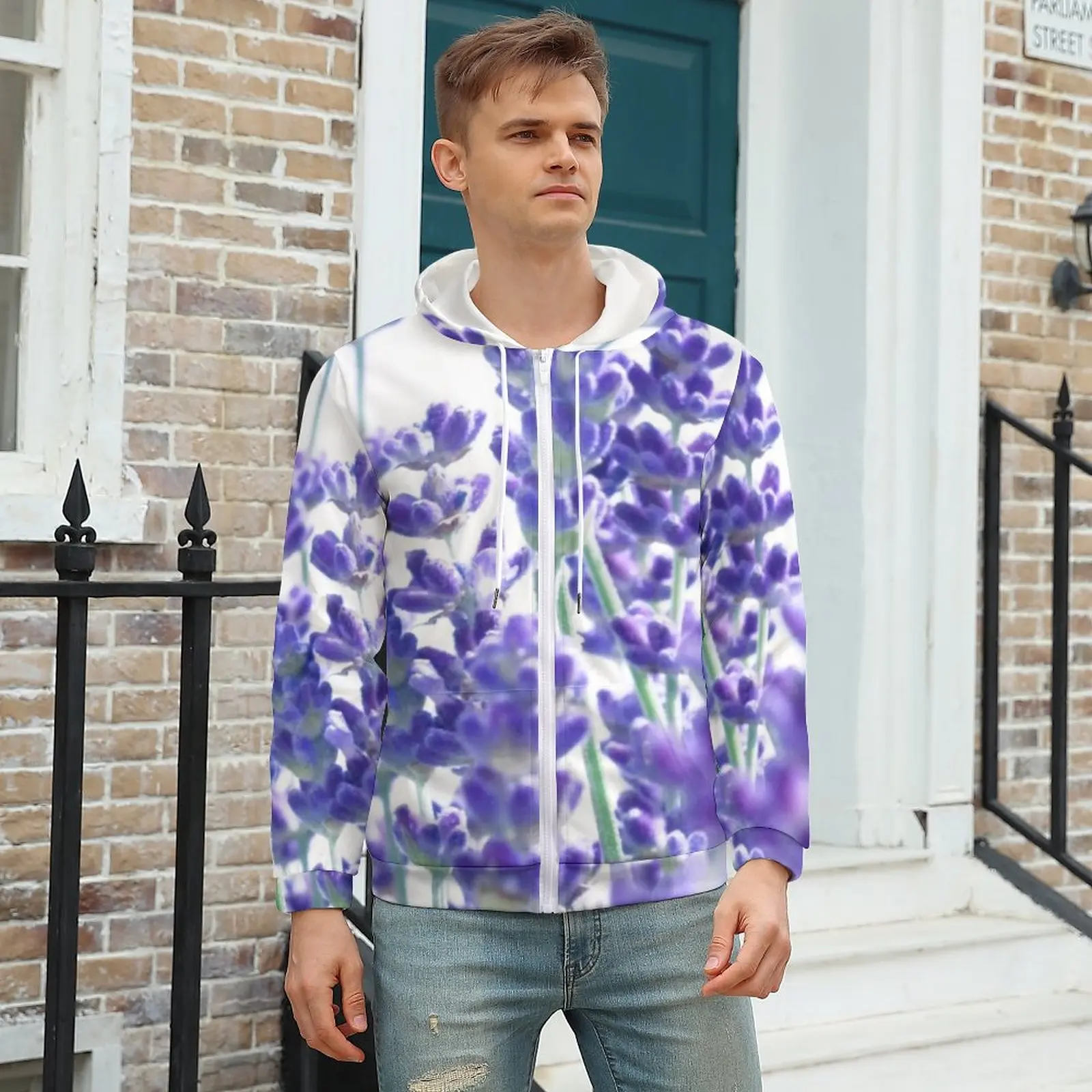 

Fresh Lavender Hoodies Real Lavender Flower Nature Polyester Zip Up Hoodie Loose Warm Hoodie Plus Size 5XL