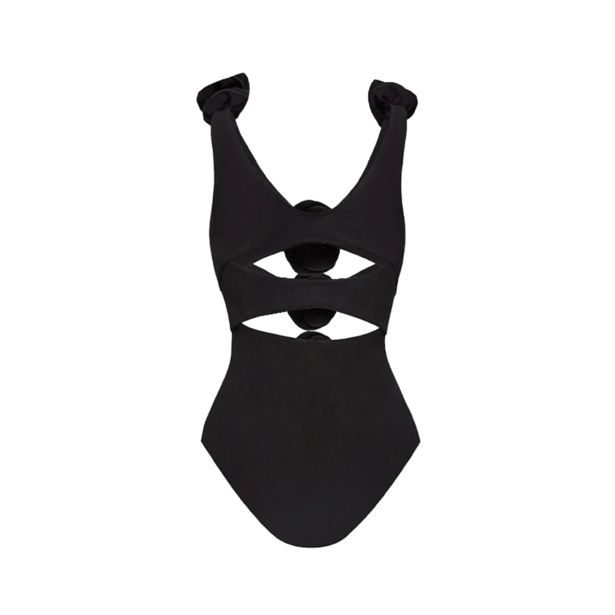 Женский купальник с украшением тройной розы черный слитный вырезами и двойными