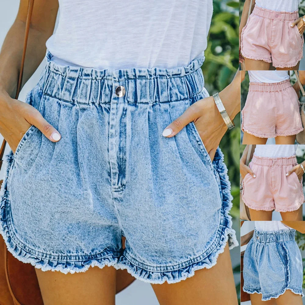 

Women's Denim Shorts Casual Fashion Vintage Stretch Ruffle Shorts 2023 Summer Elastic Waist New Jeans for Women