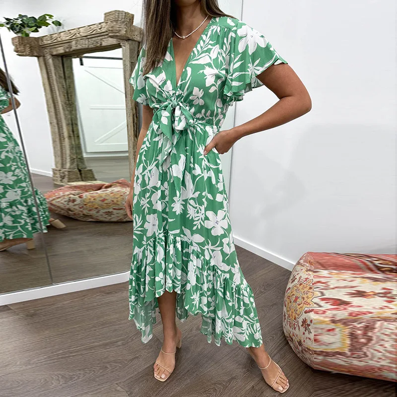 

2023 женское свежее и нежное платье с V-образным вырезом и летающим рукавом, кружевное платье с принтом и оборками