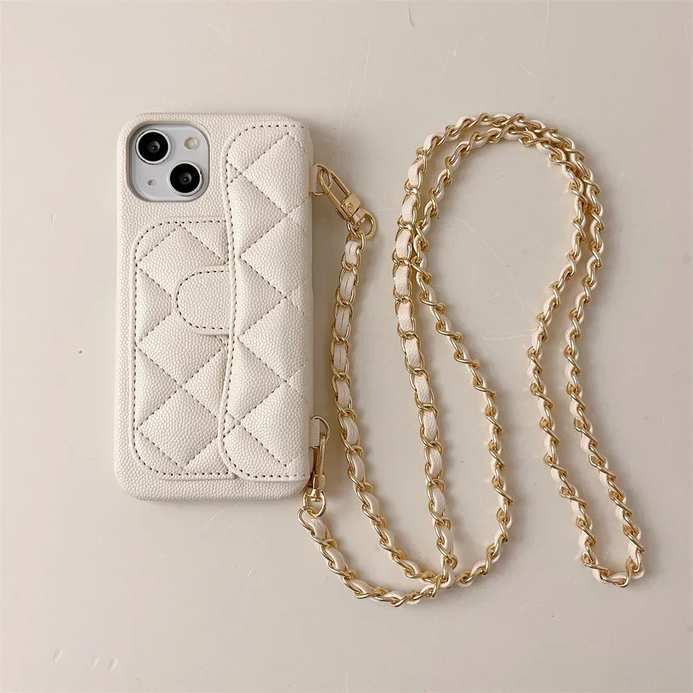

Роскошный кожаный чехол с геометрическим рисунком для iPhone15 14 13 12 Pro Max 11, держатель для карт, кошелек через плечо, ремешок, ожерелье, цепочка для телефона