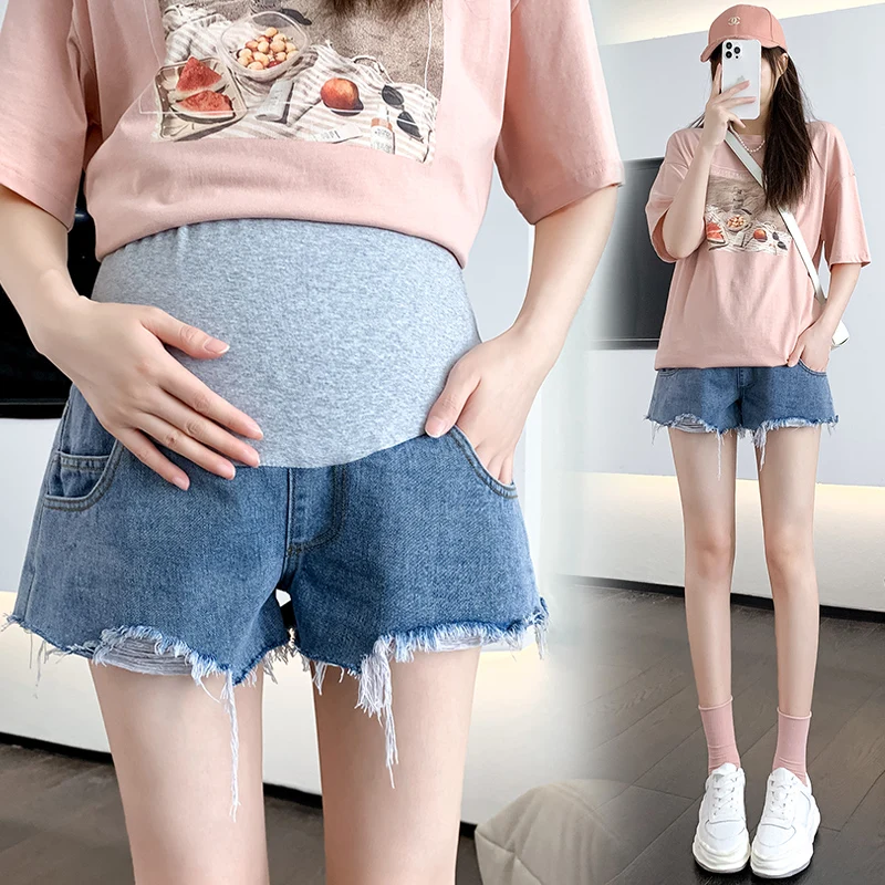 

8808# Summer Fashion Denim Maternity Shorts Ripped Hole Wide Leg Loose Straight Belly Clothes for Pregnant Women Hot Pregnancy