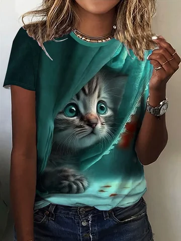 Женская повседневная футболка с короткими рукавами и милым котенком, выглядывающимися сквозными шторами с графикой - бирюзовый животный принт, средний стрейч