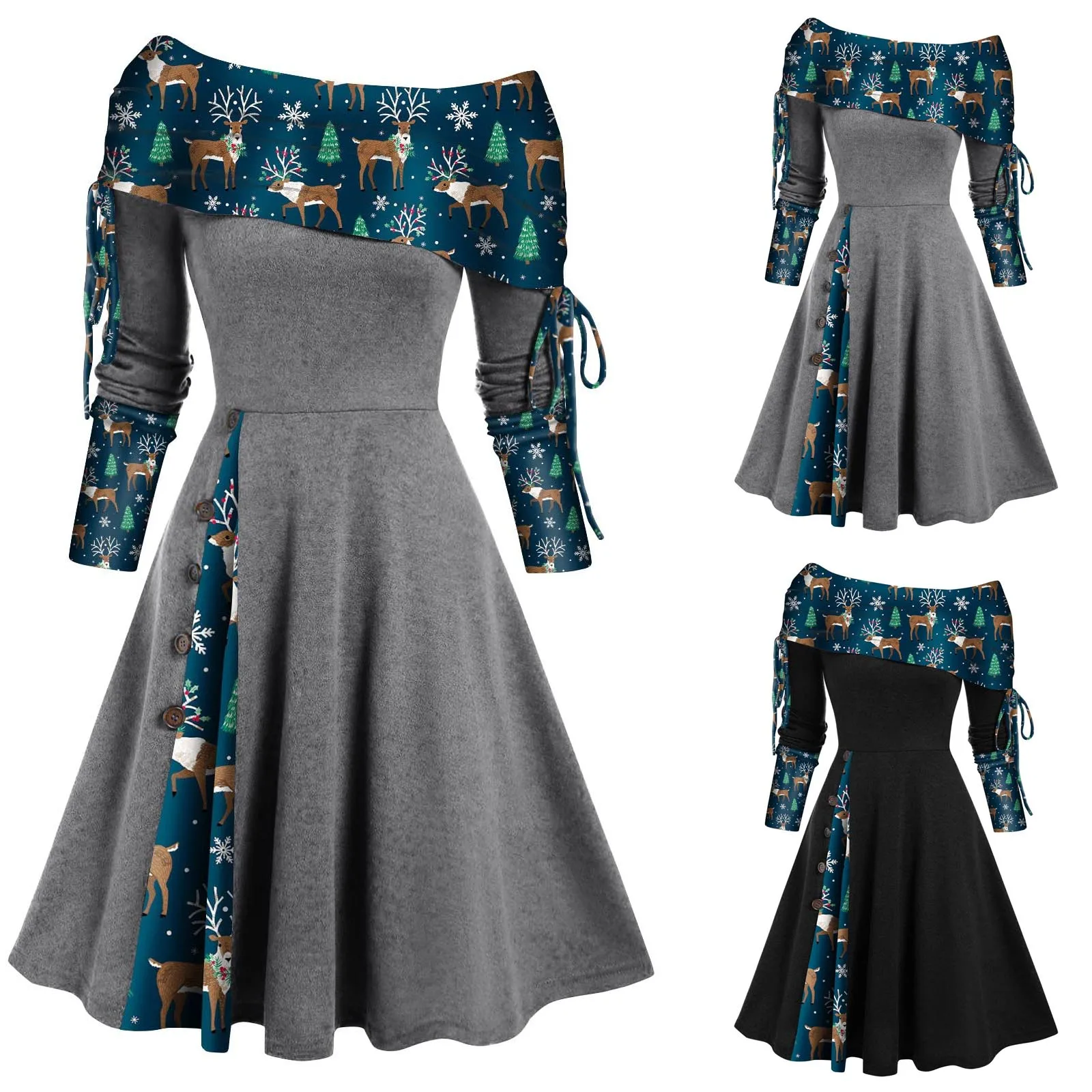 

Merry Christmas Dress Women's Autumn And Winter Long Sleeve Off Shoulder Solid Color Christmas Print 2023 New Year vestidos
