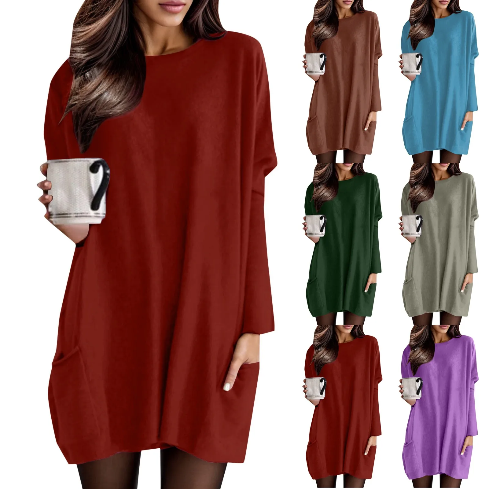 

Casual Fall Dress Women's Solid Long Sleeved O Neck Knee Length Dress Slim Petite Maxi Dress for Women Womens Winter Fashion