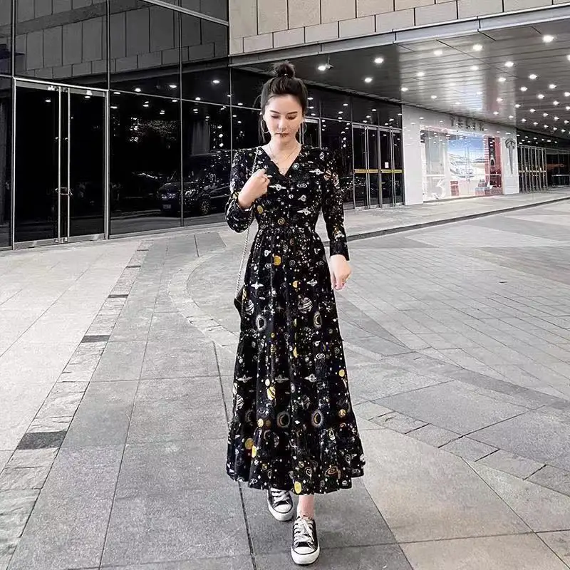 

Spring Summer Print Chic French Women Beach High Dress Party Chiffon Bohemian Casual Dresses Retro Long Vintage Clothing 2022