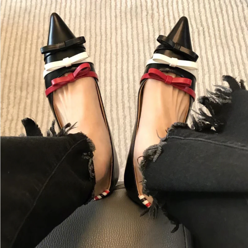 Women's Lucky Shoes 2023 Spring and Autumn New Bow Color-blocking Pointed Fashion Street Lazy Flat Shallow Single Shoes