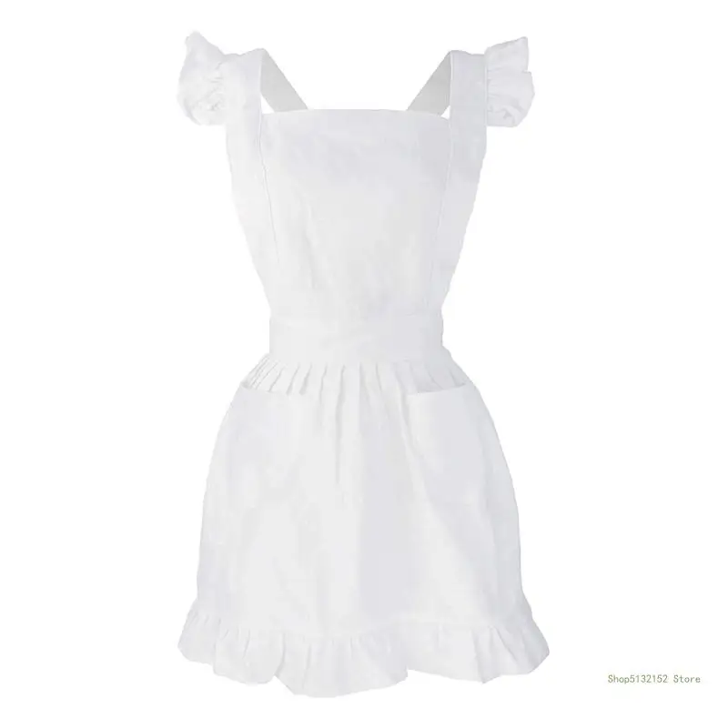 

QX2E Womens Girls Outline Retro White Apron with Pockets Adjustable Victorian Bib Maid Cosplay Kitchen Baking Costume