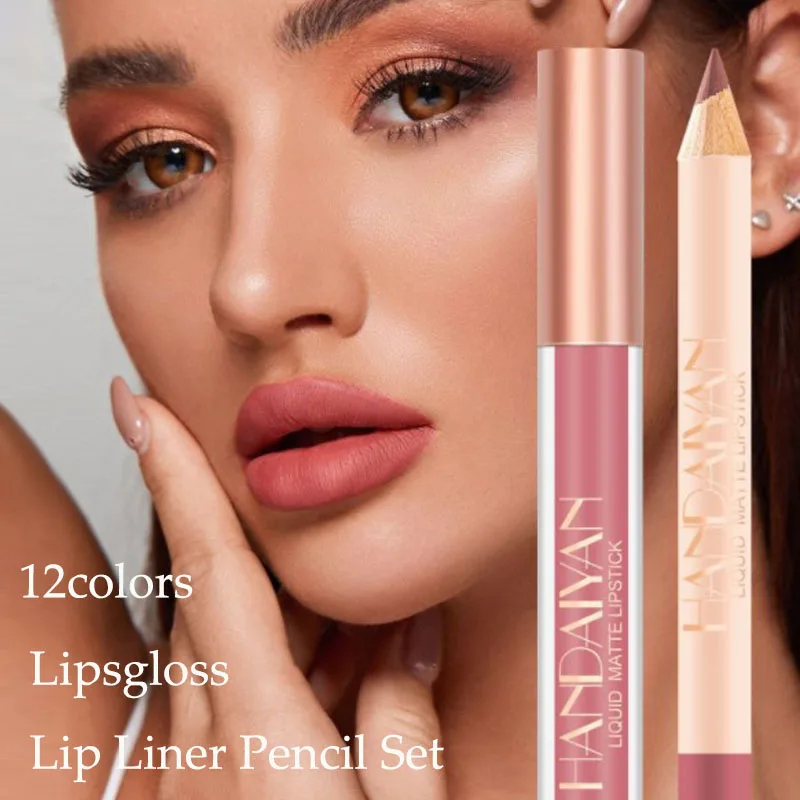 

Водостойкий нюдовый матовый бархатный глянцевый блеск для губ, помада, бальзам для губ и подводка для губ, набор карандашей, сексуальный жен...