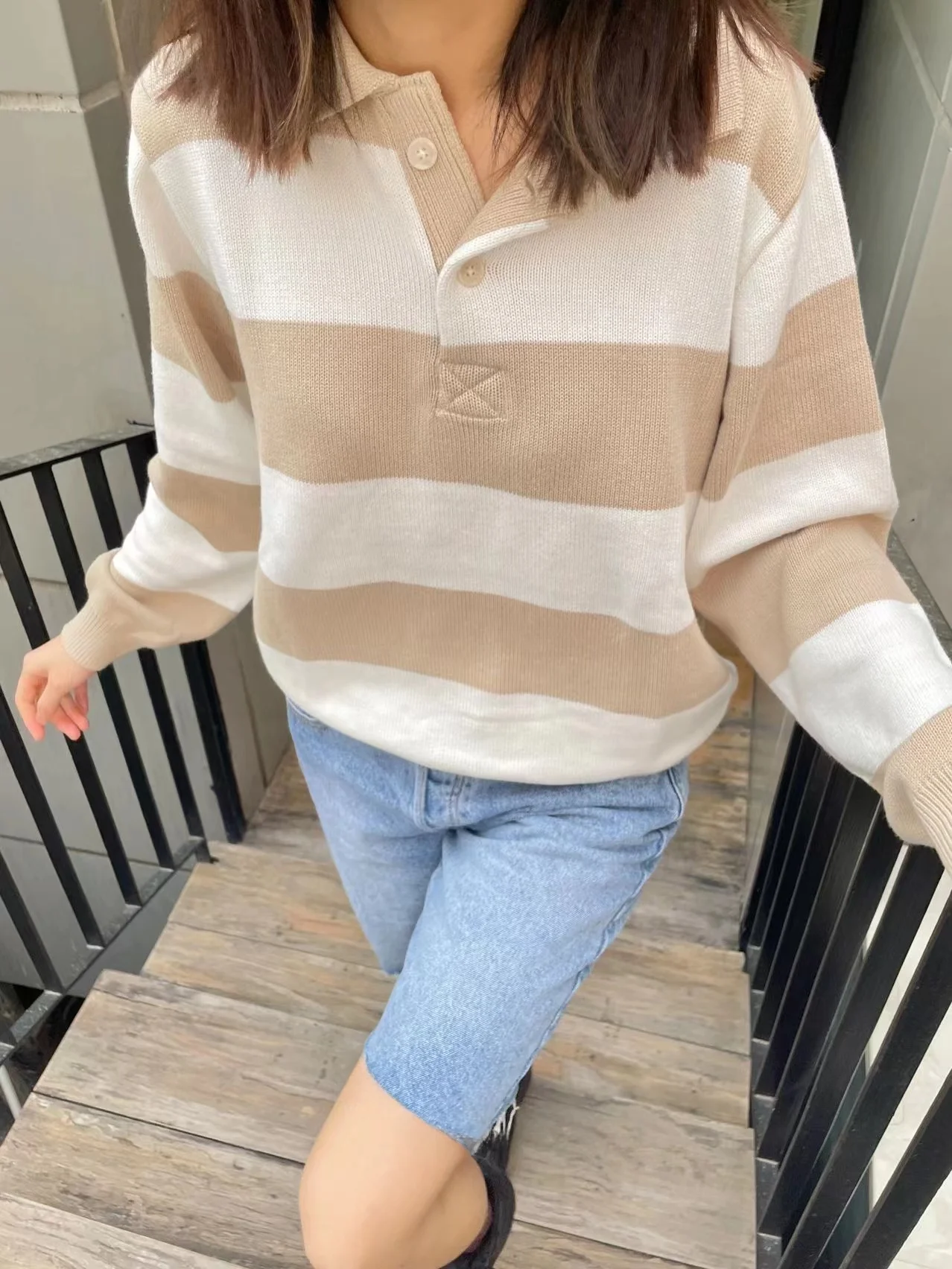 Brandy BM Новый американский поло-воротник в консервативном стиле полосатый свитер