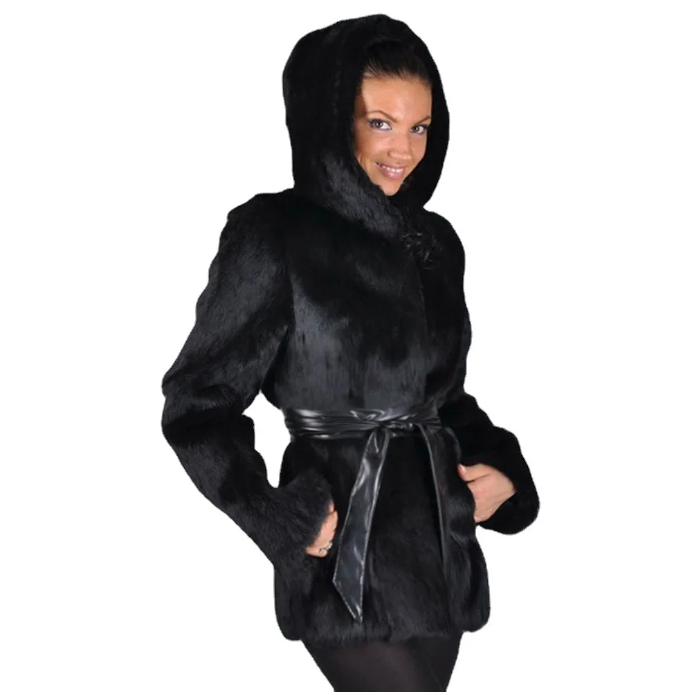 Women's Leather Fur Coat Fashion Hooded Faux Fur Coat Women's Autumn and Winter Warm Top Faux Fur Coat