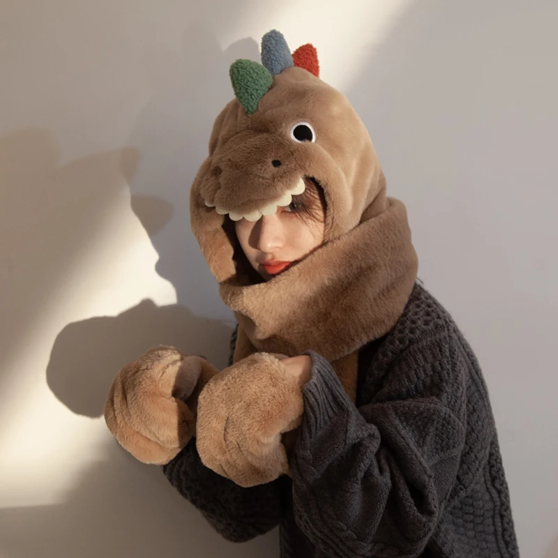 

Winter Warm Hat Cute Little Dinosaur Hat Scarf Gloves Single-Layer Fleece-Lined