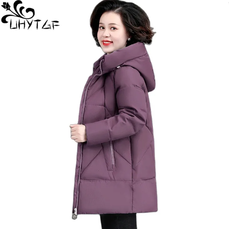 

UHYTGF Winter Coat Women Mid-Length Hooded Cold-Proof Warm Jacket Female New Mother Big Size Down Jacket Parka Overcoat 6XL 2164