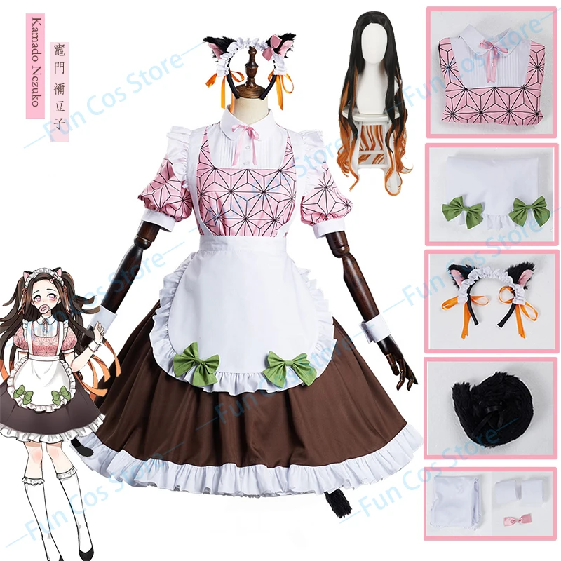 

Anime Demon Slayer Kamado Nezuko Cosplay Costume Lolita Dress Long Wig Maid Outfit Ears Stockings Kimetsu No Yaiba Servant Girls