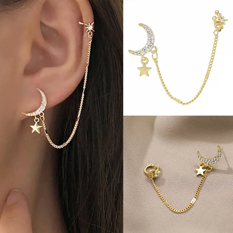 

Moon personality ear clip without ear hole female pearl ear bone clip zircon Korean temperament retro earrings