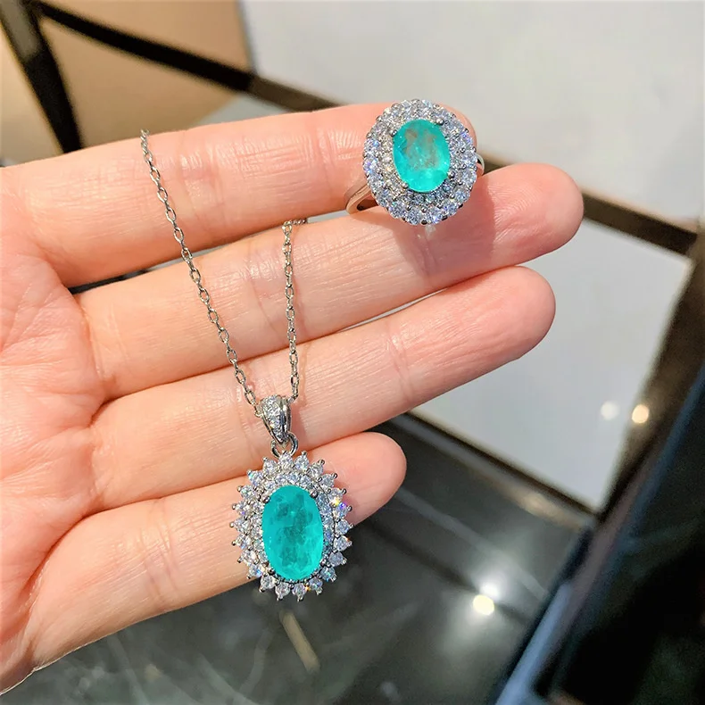 

brand genuine Luxury real jewels Live broadcast goods palaiba Necklace female 2021 new Emerald Ring Jewelry Set high quality