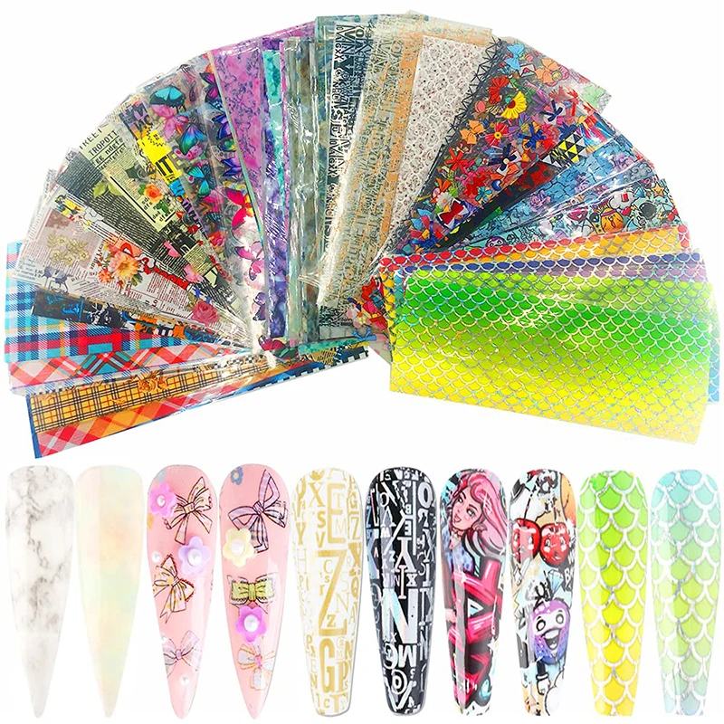 

10 Sheets Holographic Nail Transfer Foils Laser Animal Print Flower Marble Manicure Film Supplies Art Decoration Decals Wraps