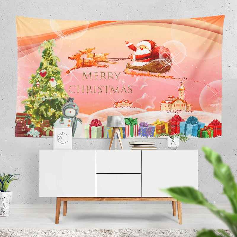 

Merry Christmas Tapestry Wall Hanging Santa Claus Bell Greeting Card Holiday Aesthetic Room Decor Bedroom Home Decoration