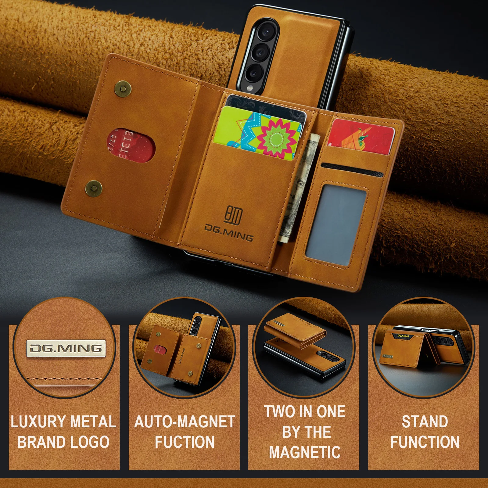 DG.MING 2in1 Magnetic Detachable Leather Wallet Case for Samsung Galaxy Z Fold 5 4 3 ZFold5 Fold4 Retro Card Holder Zipper Cover