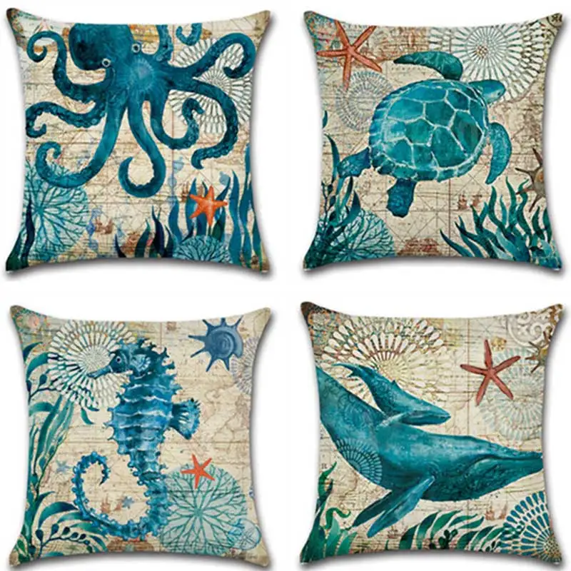 

Marine Life Pillowcase Turtle Sea Horse Octopus Whale Linen Pillowcase 45*45CM Home Sofa Living Room Cushion Cover Decoration