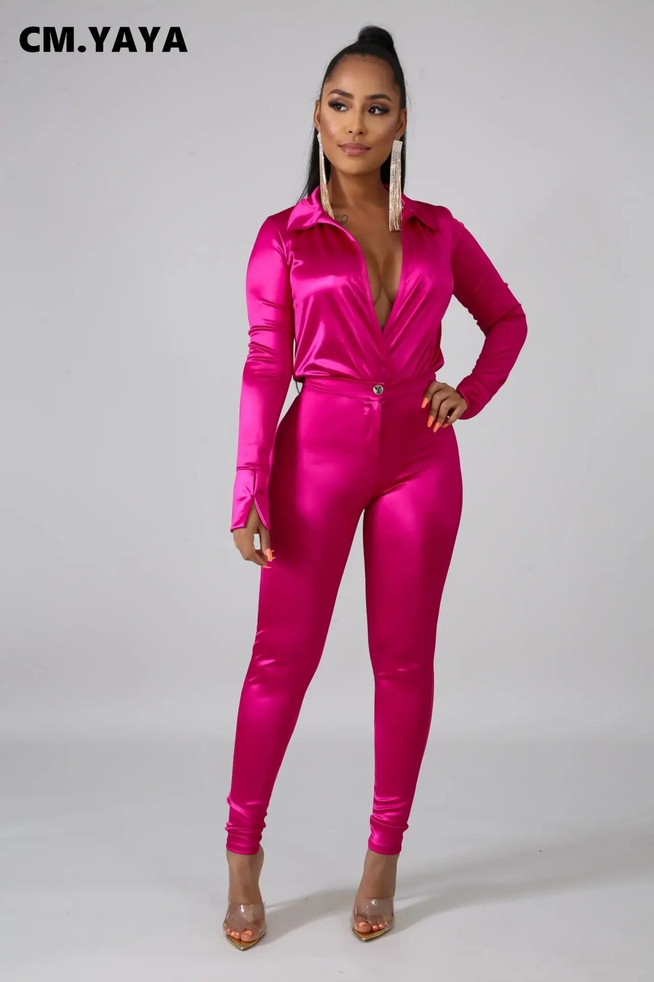 Женский Атласный Костюм CM.YAYA комплект из двух предметов рубашка с отложным