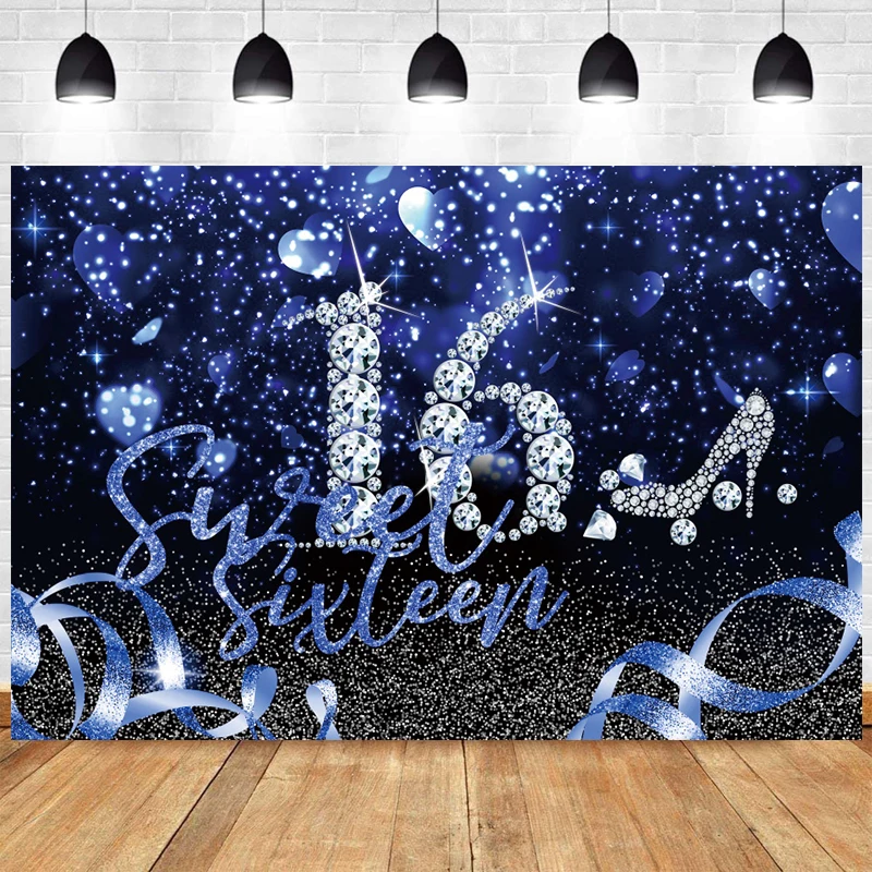 

Blue 16th Photo Backdrop Girls Happy Birthday Party Boys Sixteen Diamoad Photography Background Photobooth Decor Banner Props