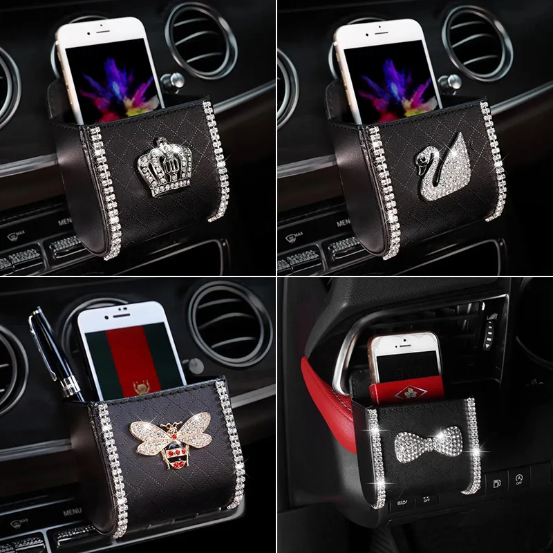 

Crystal Diamond Crown Car Outlet Air Vent Trash Box for Auto Mobile Phone Holder Pouch Organizer Hanging Storage Bag Car Styling