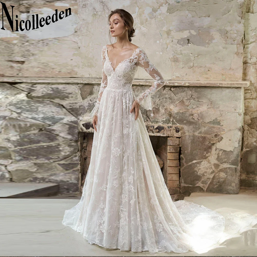 

Nicolle Modern Flare Sleeves Wedding Gown For Bride Backless Appliques Tulle V-Neck Court Train A-LINE Long Sleeves