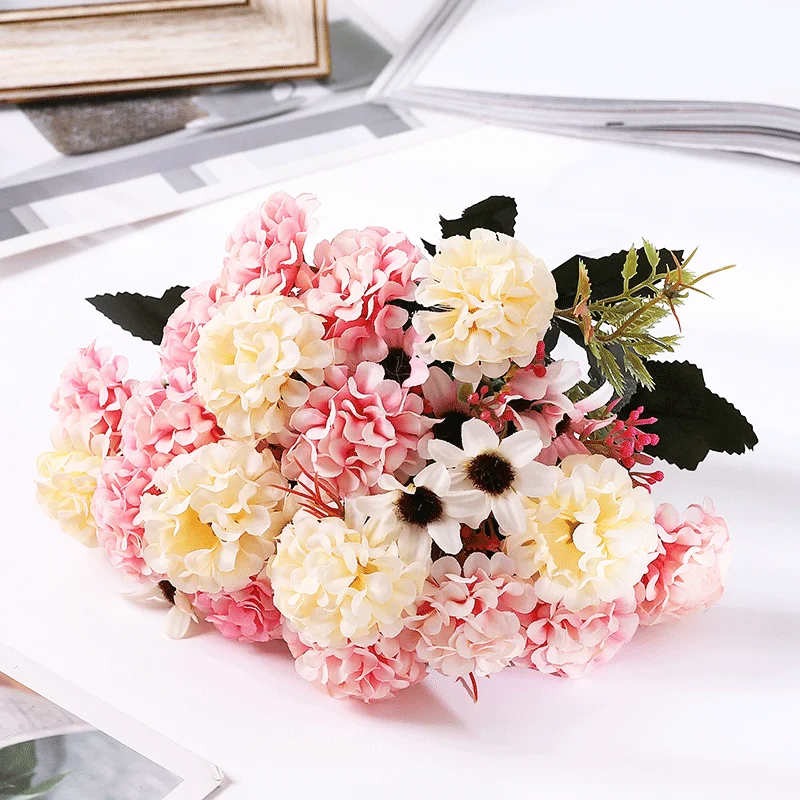 

15 Heads Pink Silk Hydrangea Fake Flower Bridal Bouquet Peony Rose Fake Flower White Artificial Flowers Home Wedding Decoration