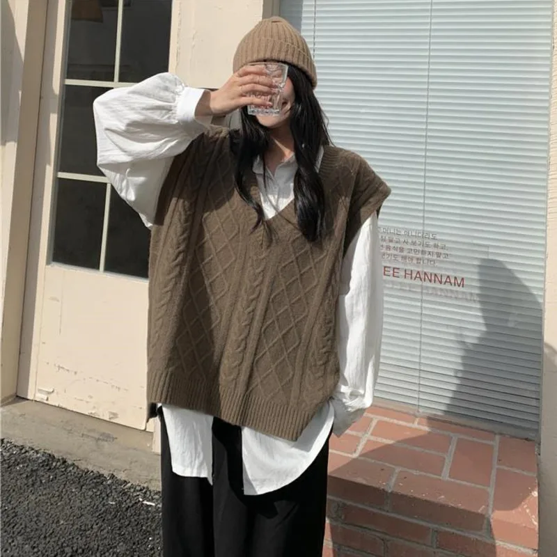 

Винтажный вязаный свитер, жилеты, женский свободный комплект из двух предметов в Корейском стиле с поясом и длинным рукавом