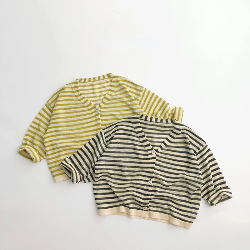 

Kids Sweater Striped Yellow Gray Long Sleeve V-neck Thin Caridgans Boys Girls Casual Spring Fall Clothes