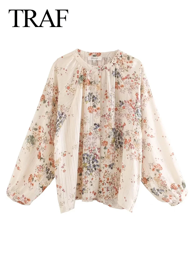 

Женская шифоновая блузка с длинным рукавом, круглым вырезом и цветочным принтом