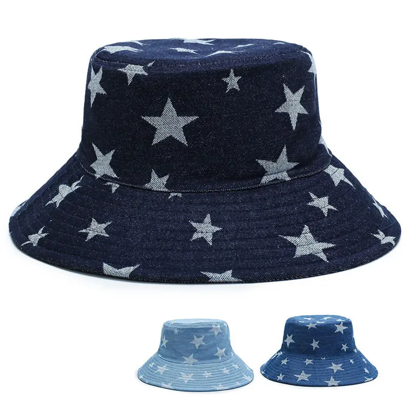 

Retro Stars Print Double Wear Denim Bucket Hat Men Fisherman Hat Flat Hip Hop Panama Women Sun Fashion Travel Cap