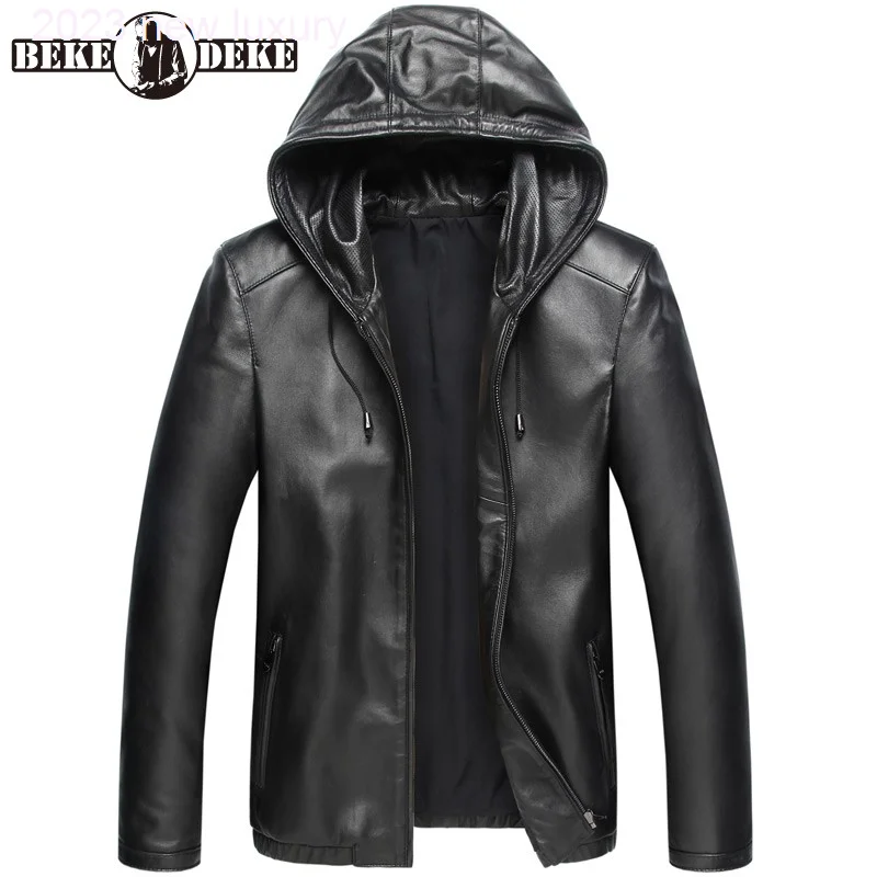 

Hoody 8XL Mens Sheepskin Coat Winter Padded Genuine Leather Jacket Motorcycle Biker Man Windbreaker Outerwear