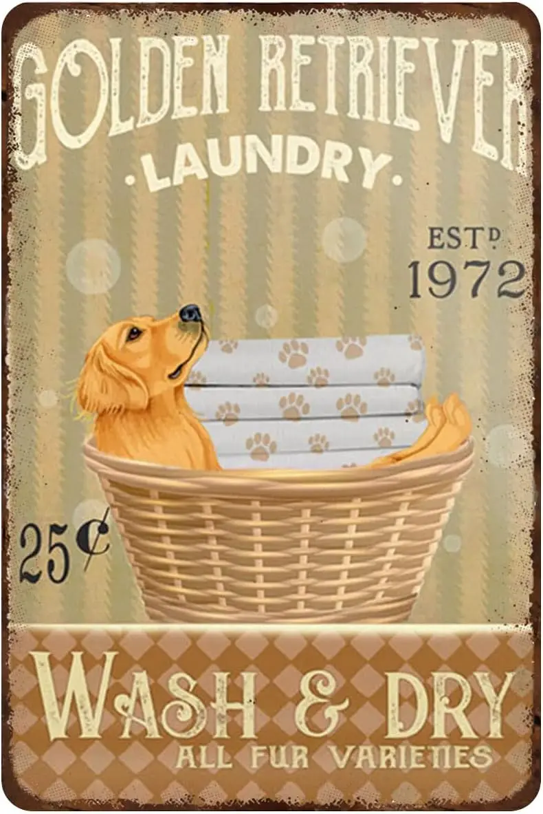 Rustc Retro Metl Tn Sgn Golden Retrever Lundry Декор комнаты Домашний декор lumnum Wll Vntge Dstressed Bthroom Plque 12x
