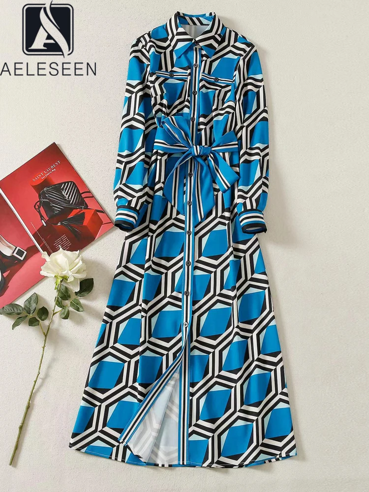 

AELESEEN 2022 Women Long Shirt Dress Runway Fashion Blue Geometric Printed Contrast Color Full Sleeve Belt Single-Breasted Party