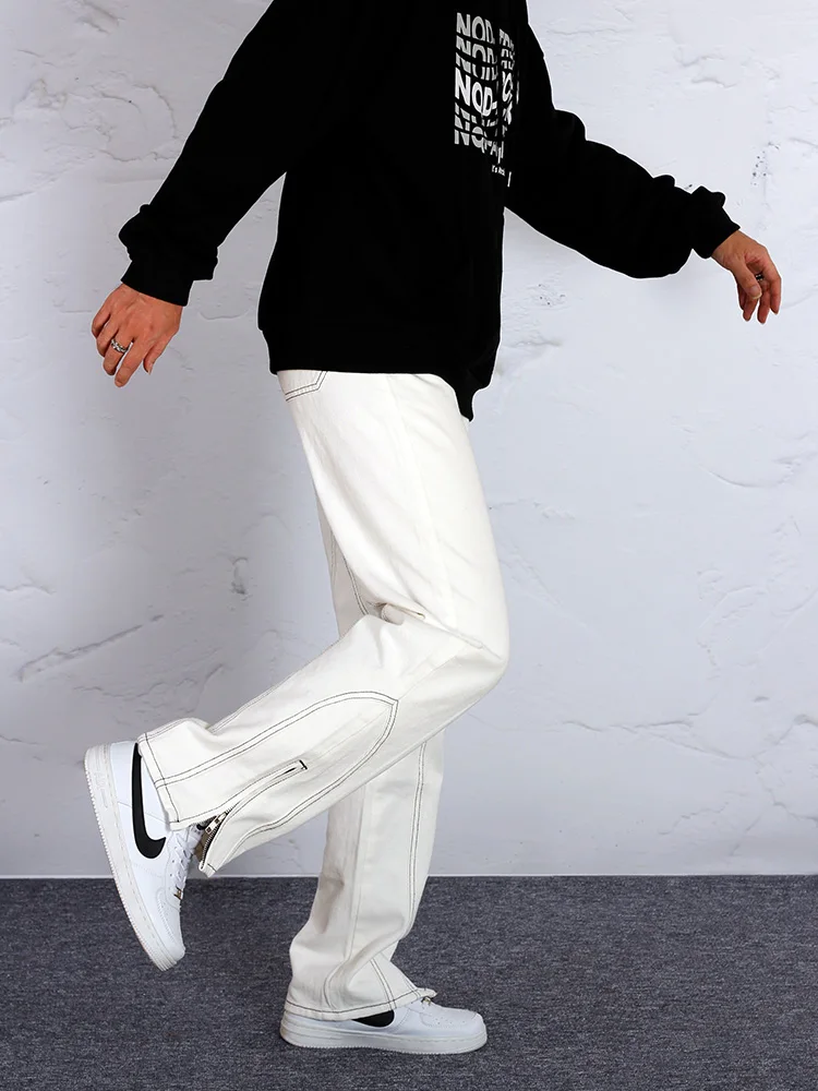 Four Seasons High Street Men's White Jeans Topstitched Zipper Loose Straight Casual Trousers Niche Pants Streetwear Ins Hot Sale