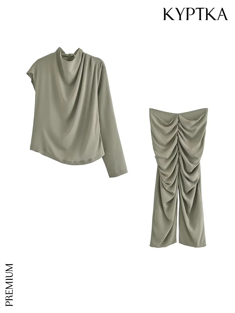 

KYPTKA Women Fashion With Ruched Asymmetrical Blouses And High Waist Slit Hem Pleated Midi Skirt Female Two Piece Sets Mujer