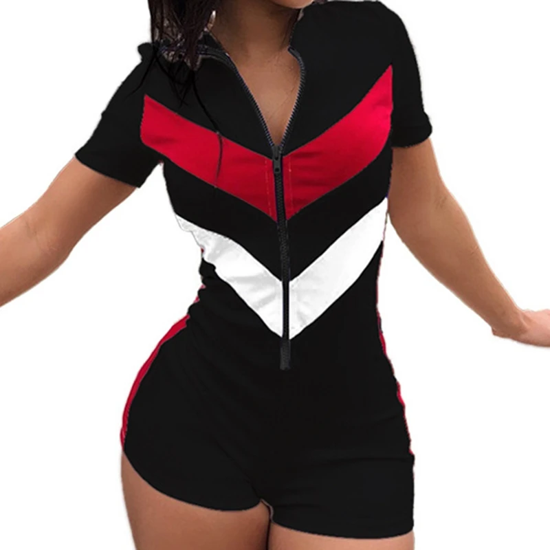 Women Sexy Zipper Short Sleeve Casual Skinny Jumpsuits 2023 Stitching Color Short Bodysuit Playsuit Sport Rompers Sexy Female