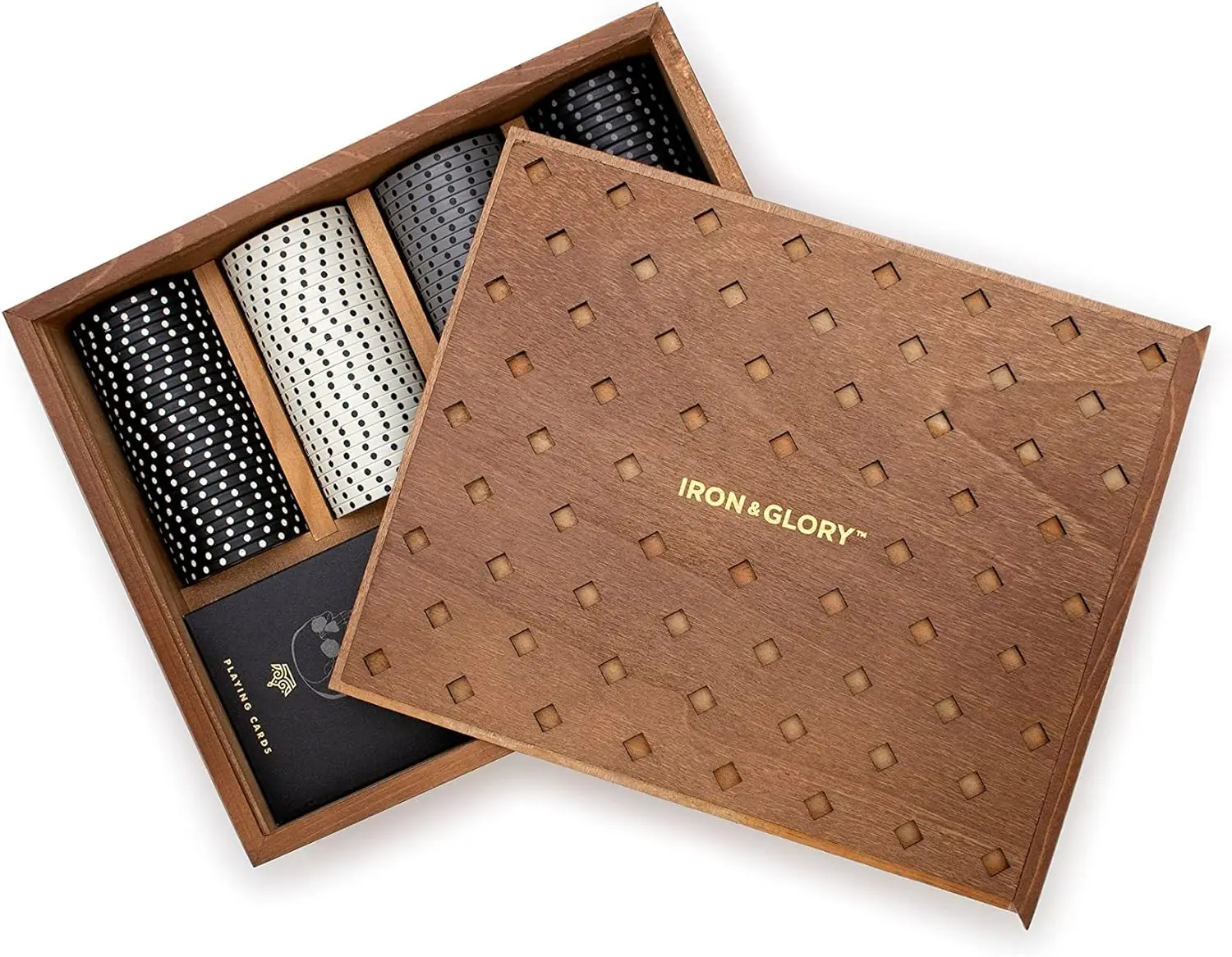 

Iron & Glory | Set | Luxury Chips & Cards Set with Wooden Case | Table Accessories | Playing Cards & Casino Game