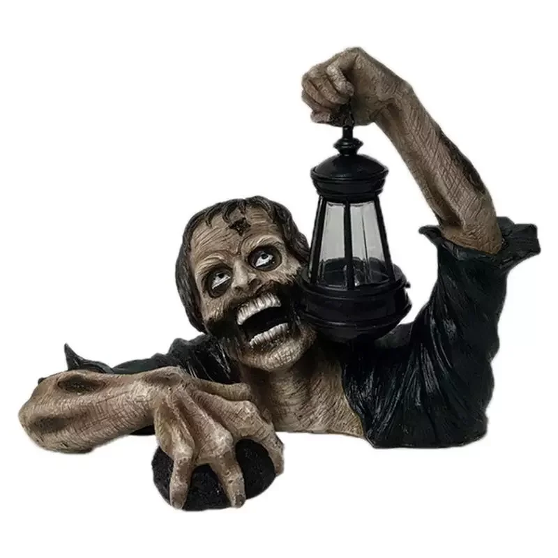 Zombie Shape Funny Statue With Lantern Light Garden Sculpture Lifelike Decorating Halloween Lawn Decorative Sculpture