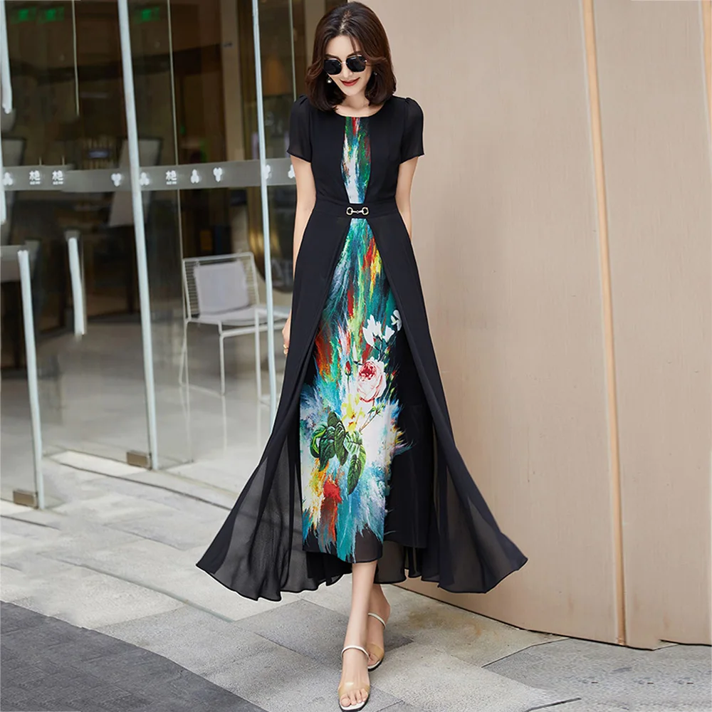 

Women Print Patchwork Chiffon Dress Summer New Fashion O-Neck Short Sleeve Slim Overlength Dress Casual Flowing Pullover Dress