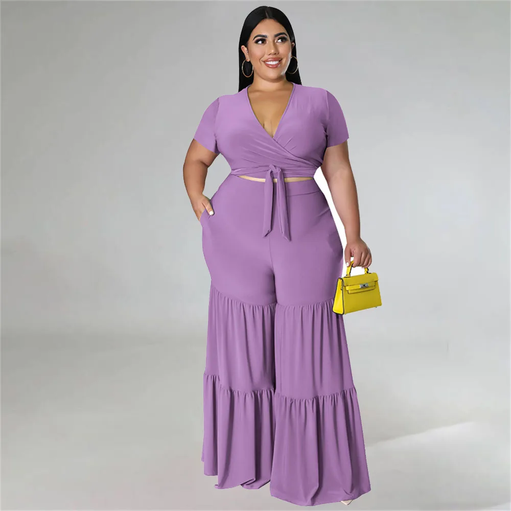 

Размера плюс однотонный повседневный комплект из двух предметов, топ с V-образным вырезом и коротким рукавом на шнуровке, широкие брюки, женская одежда, уличная одежда