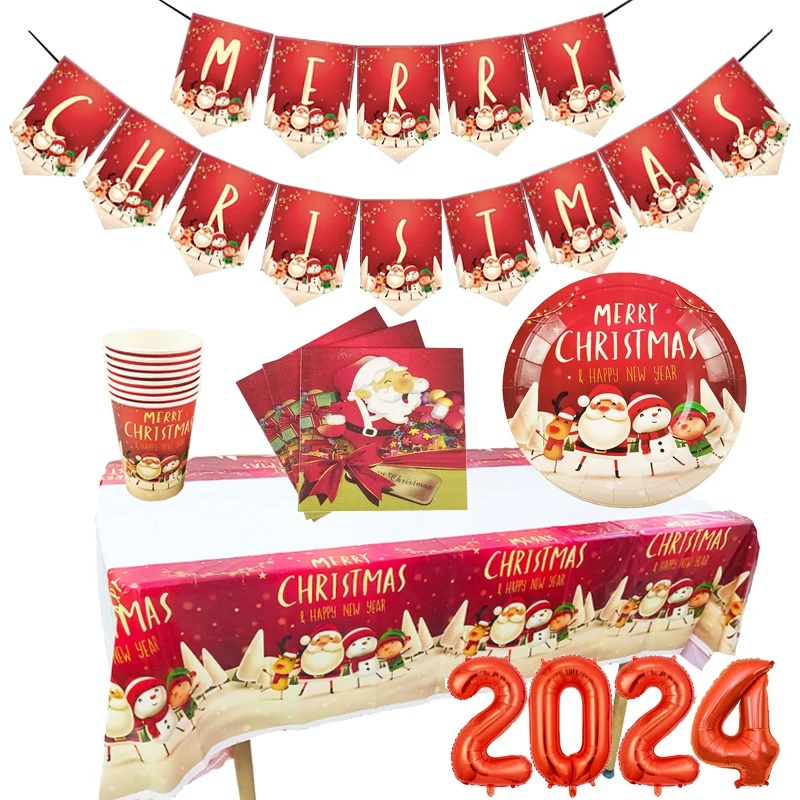 2024 Красная рождественская тема одноразовая бумажная тарелка чашка салфетка с